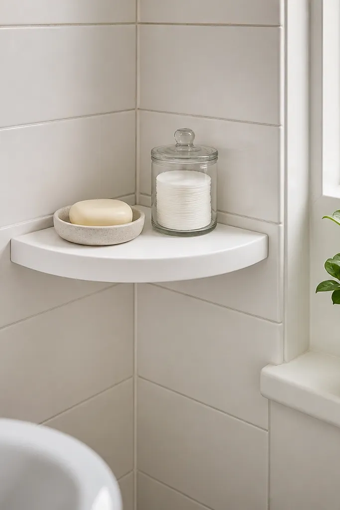 Half-moon corner floating shelf with a smooth curved front