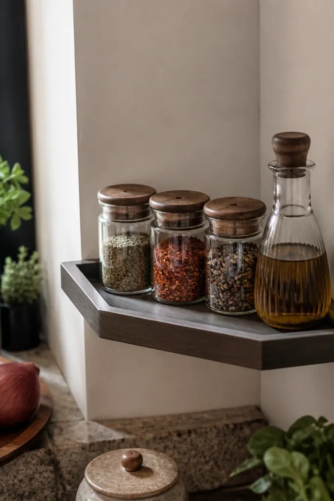 Corner floating shelf with shallow tray surface for spice jars
