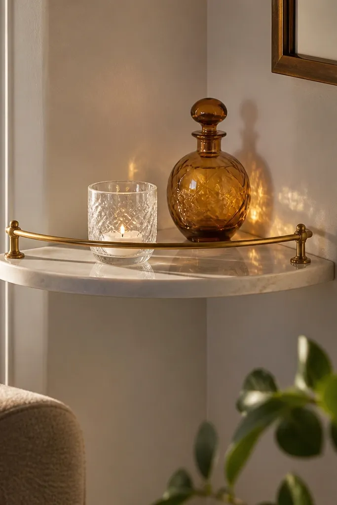 Corner shelf with a thin brass rail and a small glass vase