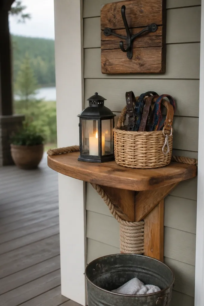 Stained pine corner shelf with a rope-wrapped bracket look