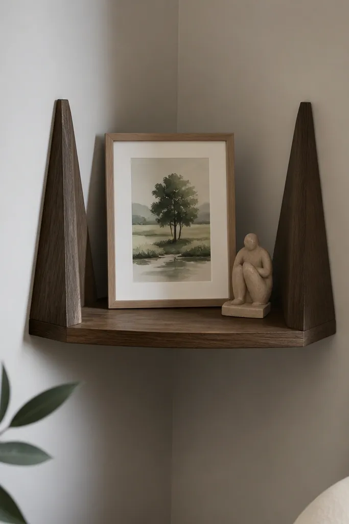 Corner shelf with angled side panels holding frames like a mini gallery