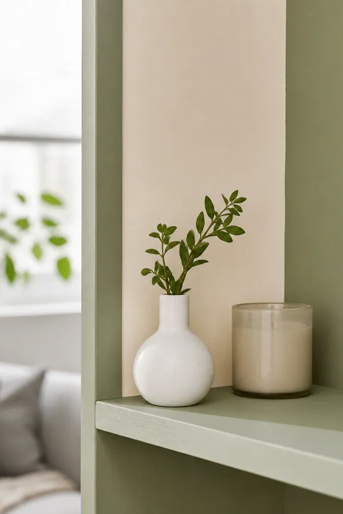 Corner shelf with two-tone paint: white top and colored inner corner panel