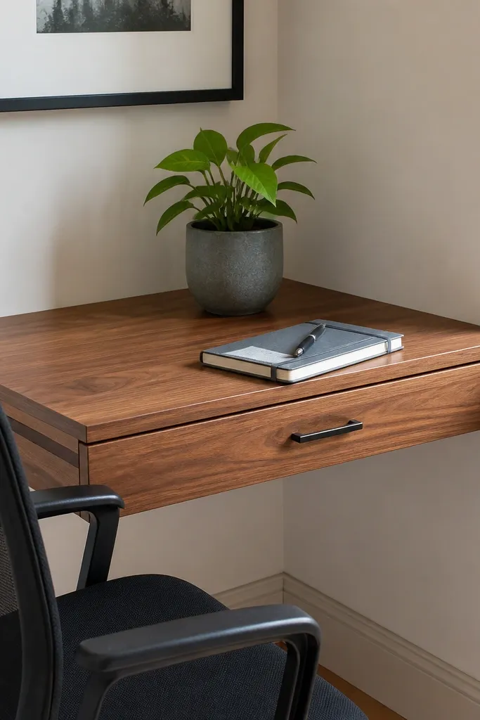 Corner shelf with a small hidden drawer beneath the top edge