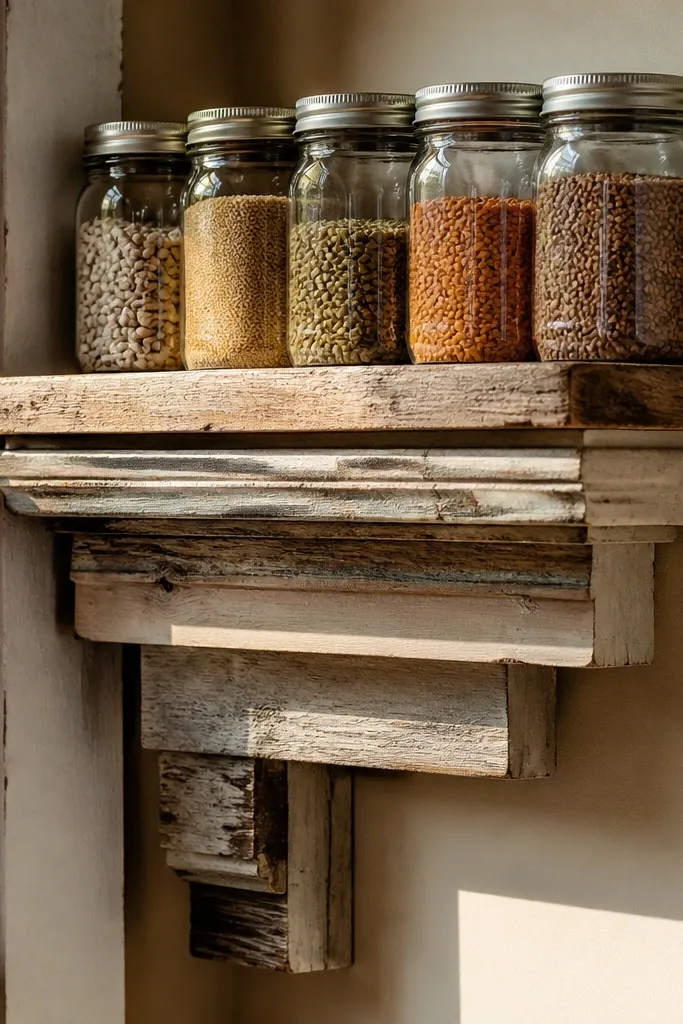 Corner shelf built from reclaimed trim with glass jars lined up