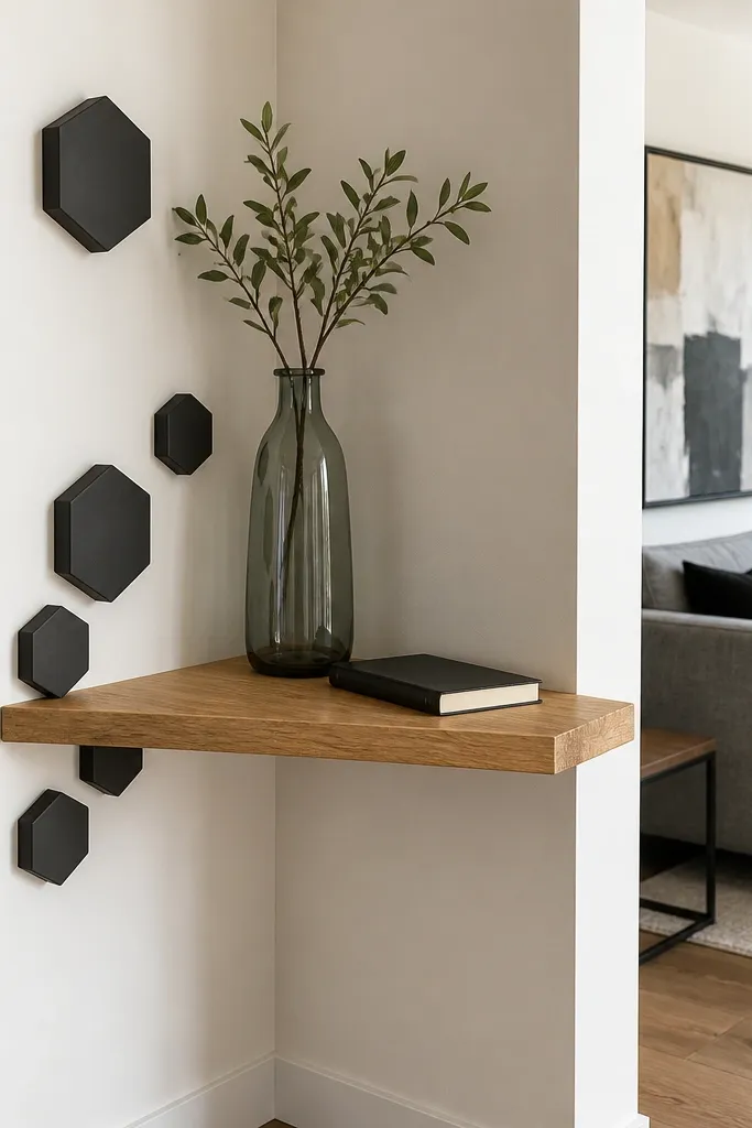 Corner floating shelf with small hexagon accent panels on the side wall