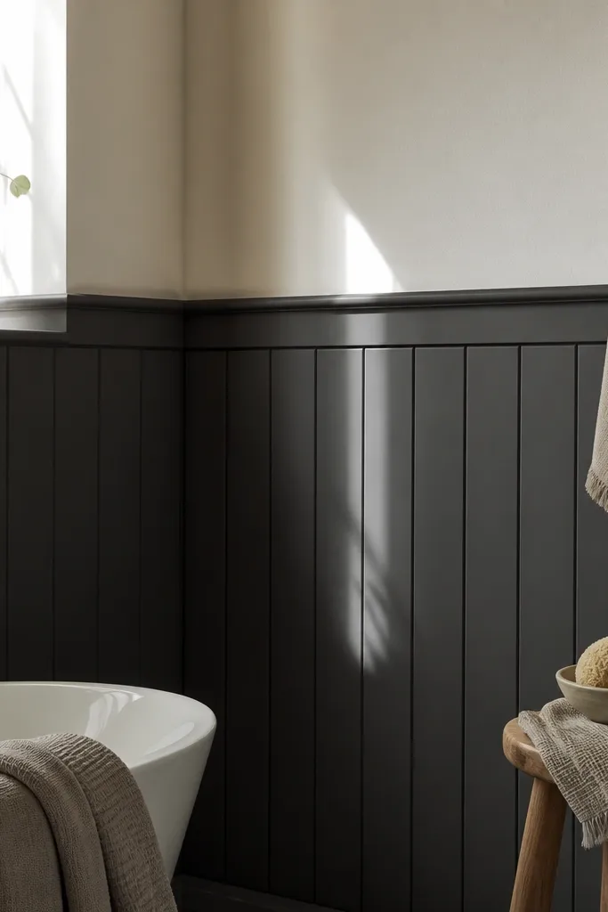 Charcoal vertical board-and-batten wainscoting with a light chair rail