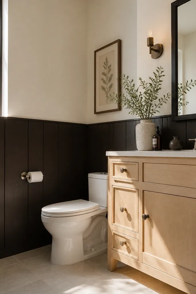 Deep espresso vertical plank wainscoting with a light upper wall