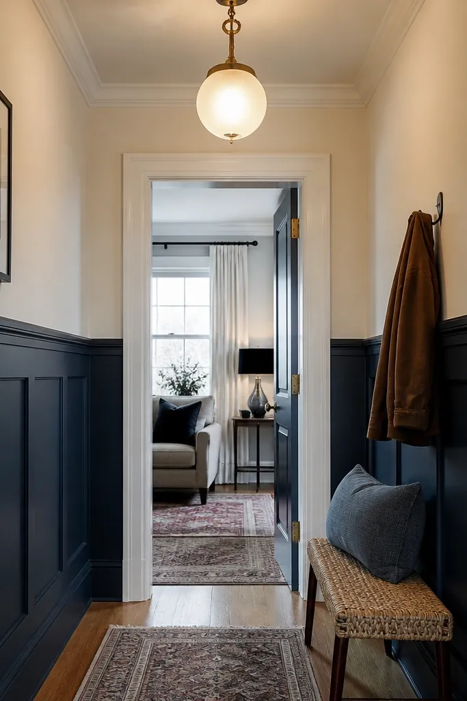 Inky navy wainscoting with a white top crown and light upper wall