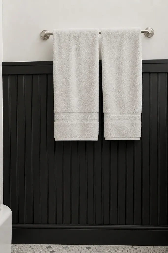 Black beadboard wainscoting with a thick lower rail and light upper wall