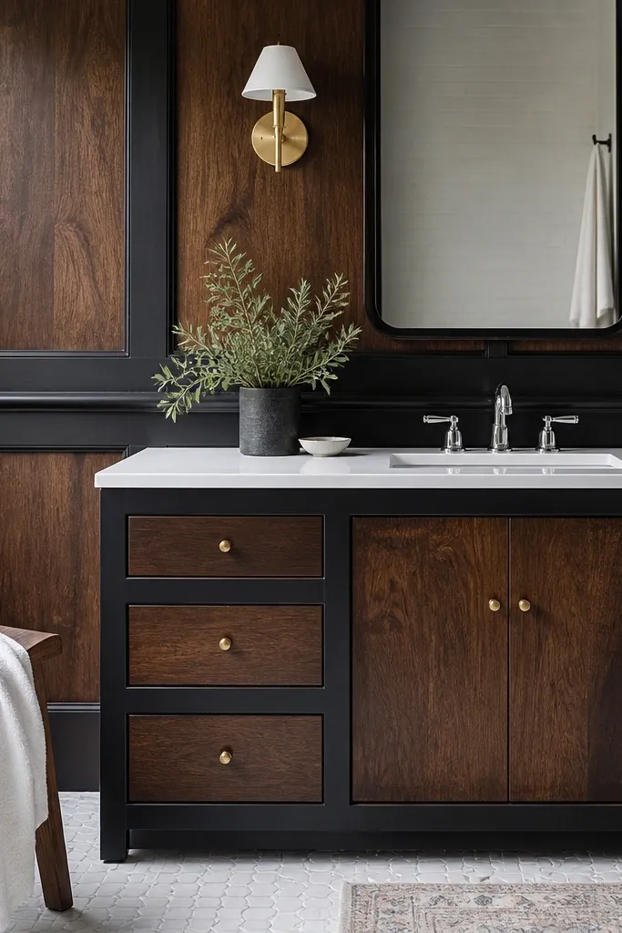 Walnut-stained panels with painted dark rails and a light upper wall
