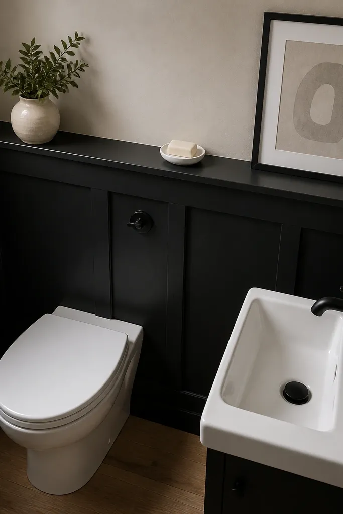 Matte black wainscoting with a thin floating shelf line above panels