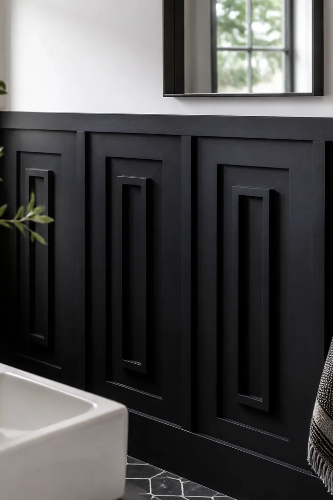 Near-black faux shaker wainscoting with vertical framed rectangles