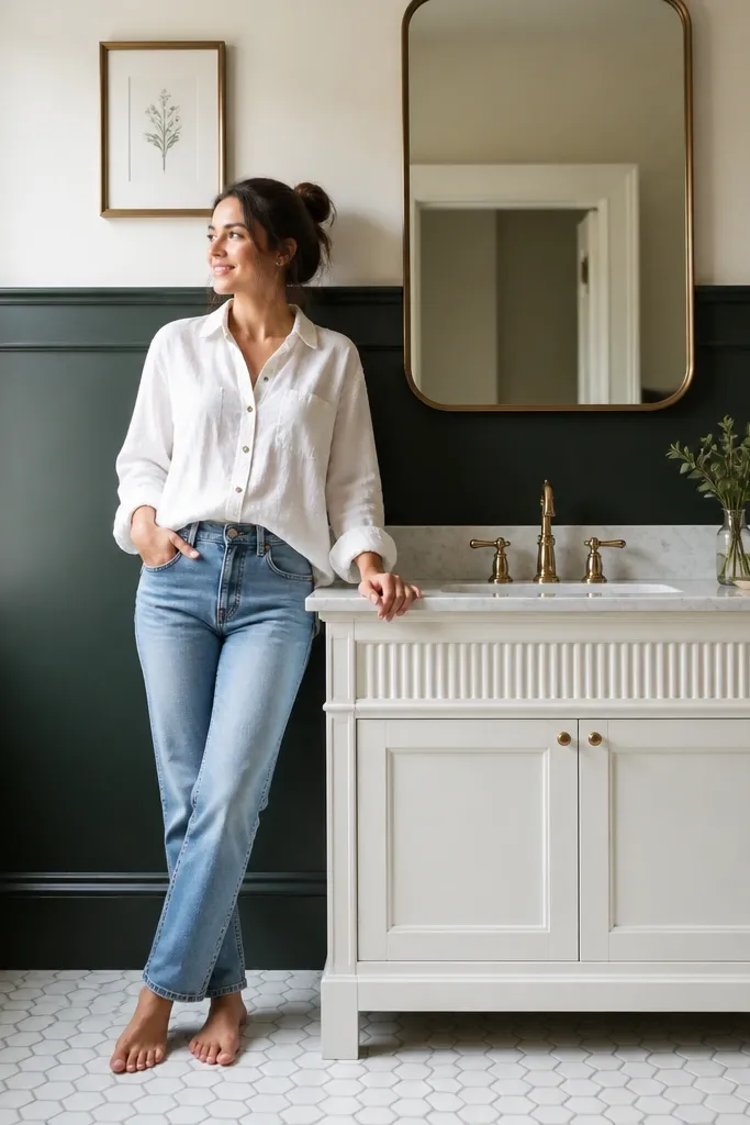 Dark green wainscoting with a thin picture-rail molding line and light upper wall