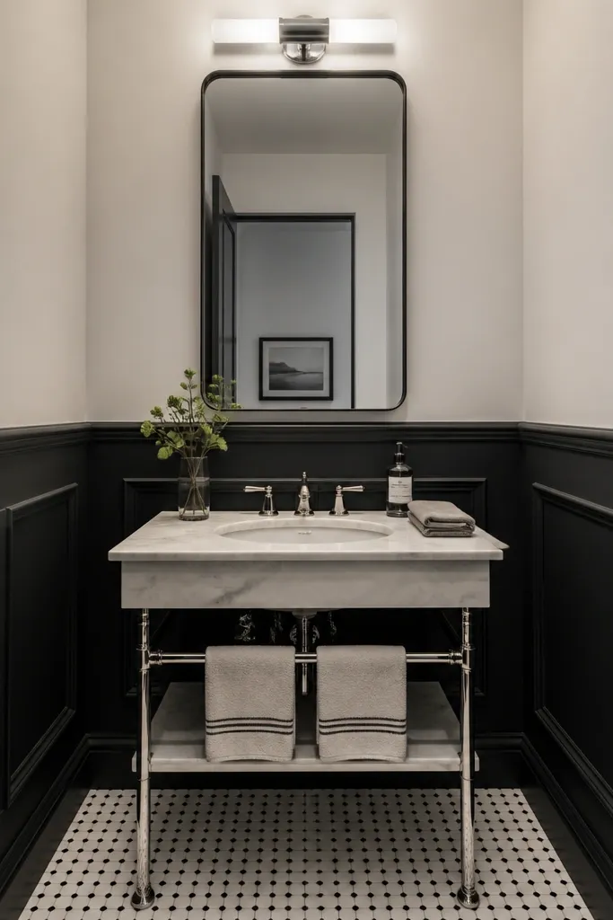 Two-tone black wainscoting with lighter outer rails and darker panel inserts