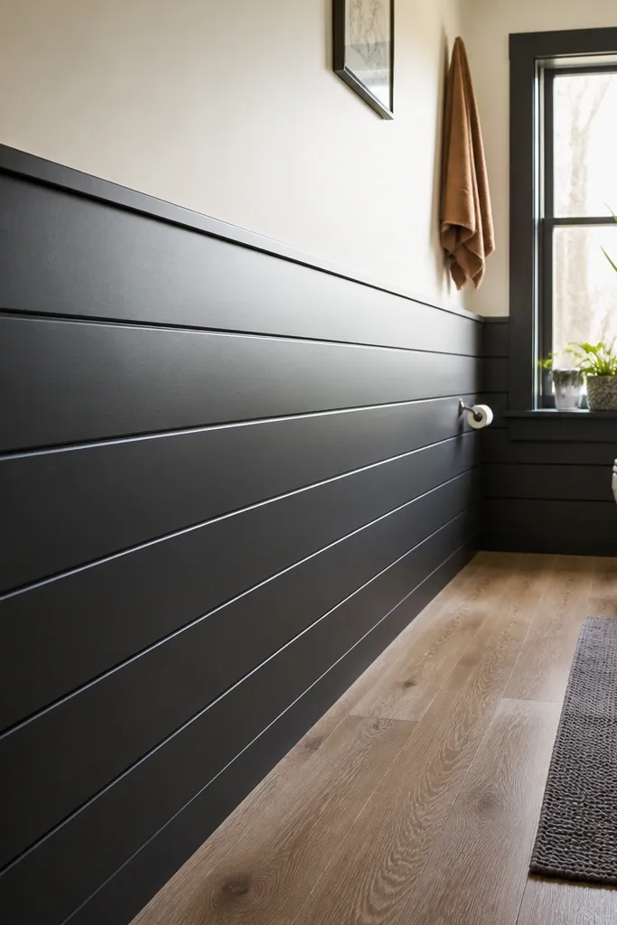 Dark slate horizontal wainscoting with stacked horizontal panel bands