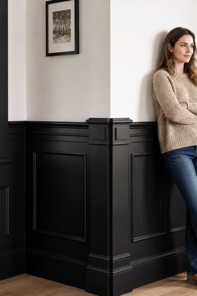 Black wainscoting with raised corner blocks and trim caps at panel edges