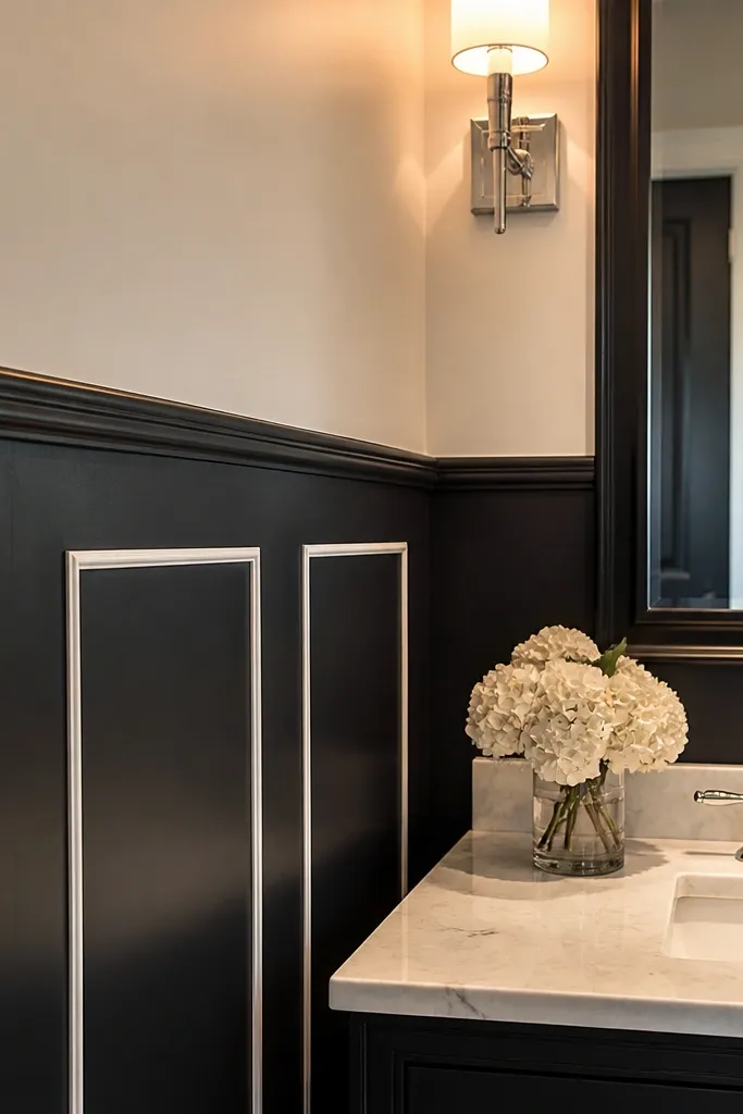 Dark wainscoting with white inner picture-frame borders around panels