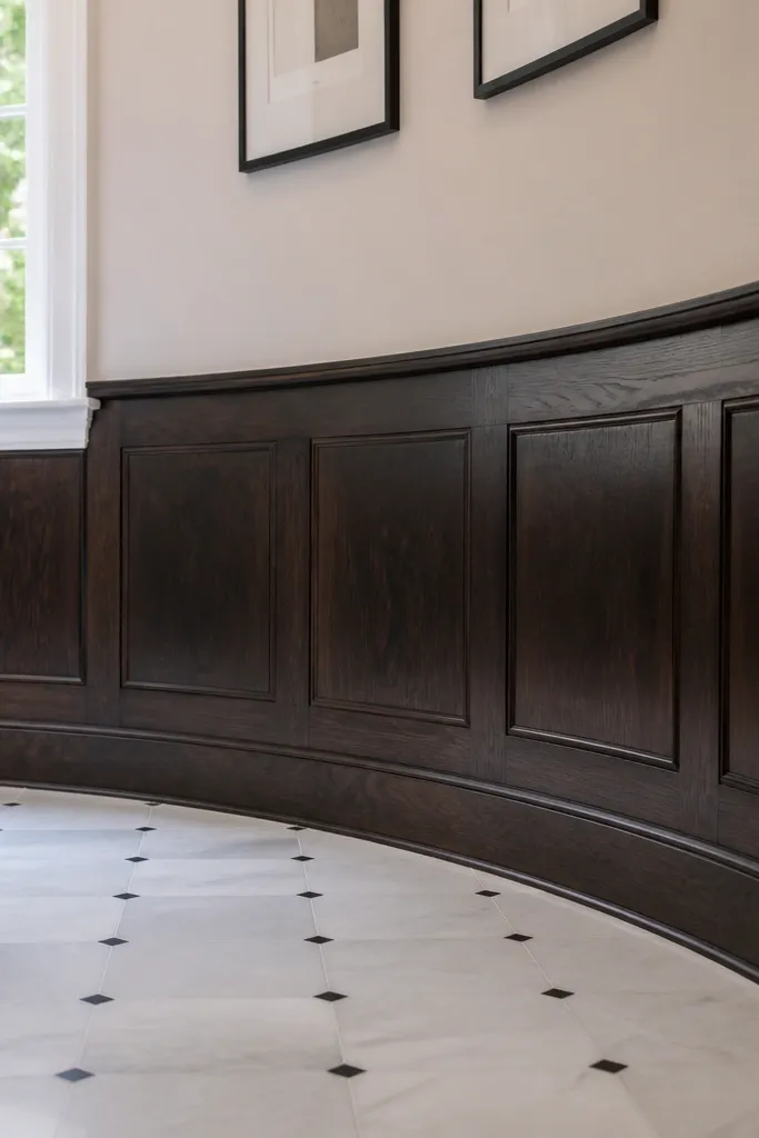 Dark espresso wainscoting with a curved bottom rail and light upper wall