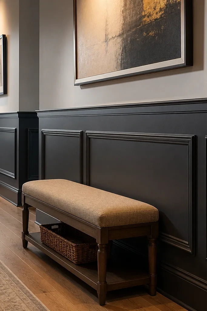 Dark charcoal wainscoting with slim crown at top and base cap at bottom