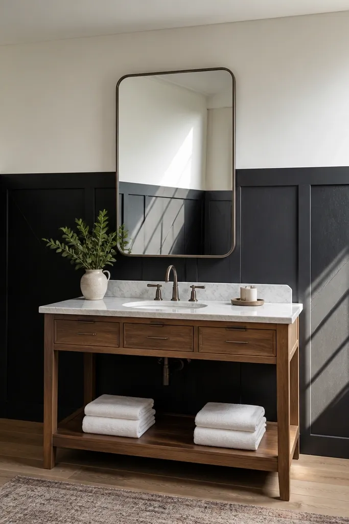 Black wainscoting with diagonal accents in corner panels and light upper wall