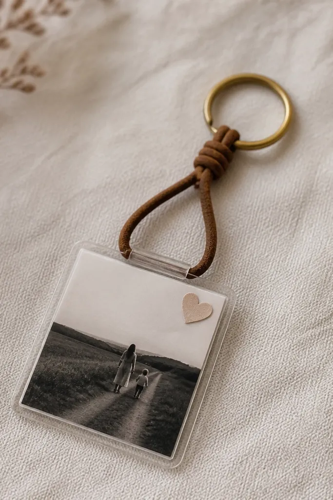 A small keychain made from a leather cord loop with a matte photo insert in a clear sleeve, plus a brass split ring and tiny paper heart sticker near the corner.