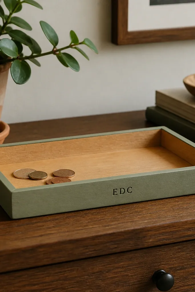 A shallow wooden tray with a painted rim in muted sage, a smooth honey-wood base, and a stamped "EDC" label on the front, sitting on a dresser with a few coins.