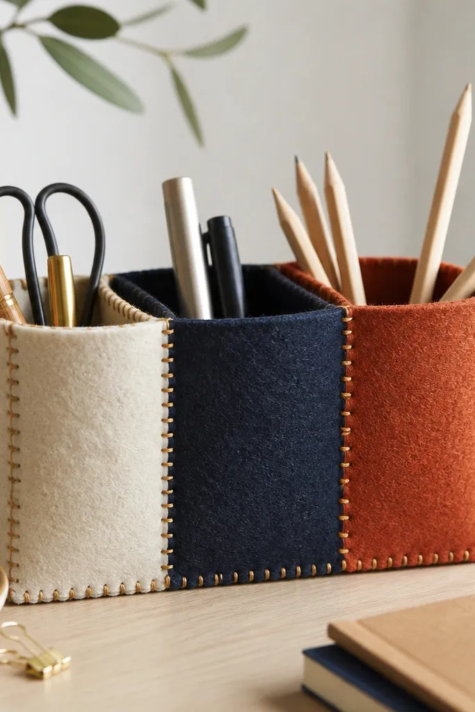 A desk organizer made from thick felt with three stitched compartments in cream, navy, and rust, with visible hand stitches along the edges.