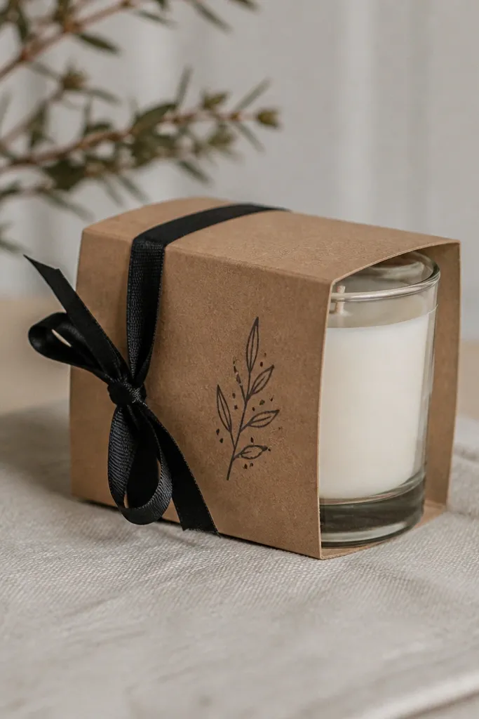 A small candle in a glass jar wrapped with a paper "matchbook" sleeve in kraft paper, with a black ribbon tie and a stamped date on the front.