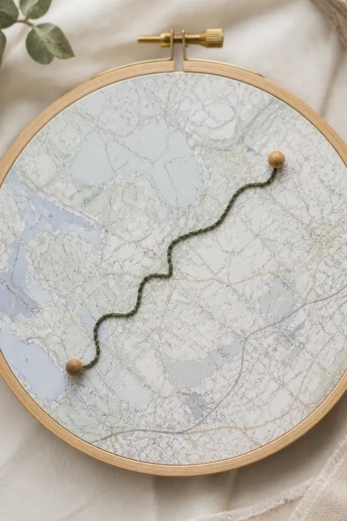 A 5-inch embroidery hoop with a map print backing, a single line of stitched thread forming a route, and small wooden beads at the end points.