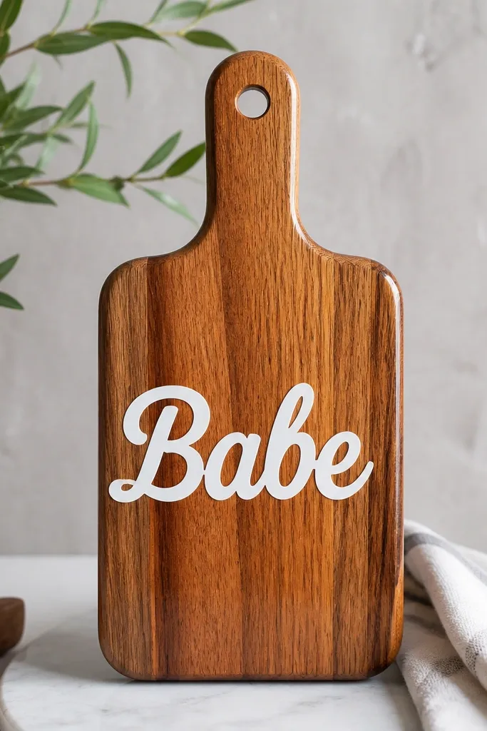 A small wooden cutting board with a centered vinyl "Babe" label in white, sealed with a glossy finish, and a thin handle hole on top.