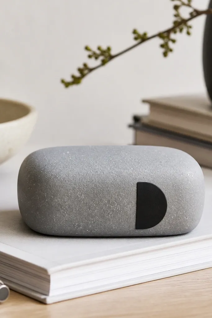 A small paperweight shaped like a rounded rectangle, painted in gray with speckled lighter dots, and a matte black letter sticker on the side.