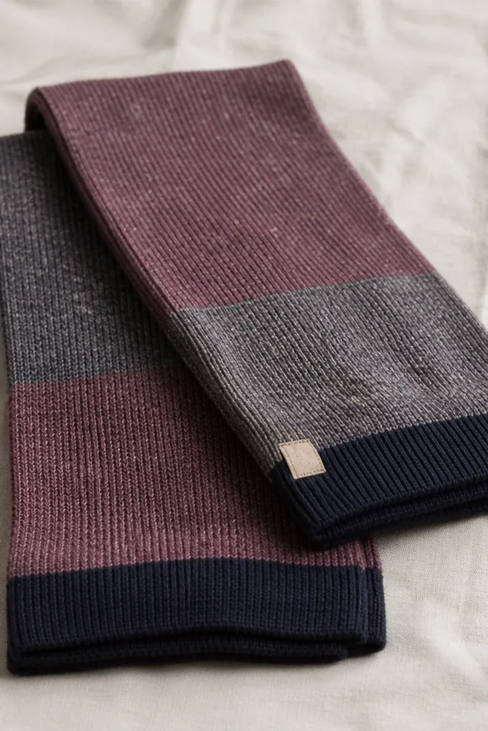 A folded scarf made from two pairs of socks, laid flat with visible knit texture, a simple stitched fold at the ends, and a small fabric tag.