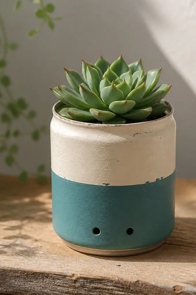 A small painted beer-can planter with a cut rim, two-tone paint (cream and teal), a couple of drainage holes, and a succulent inside.