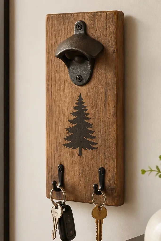 A wall-mounted bottle opener with a wooden backing, a black stencil word on the wood, and two small hooks below for keys.