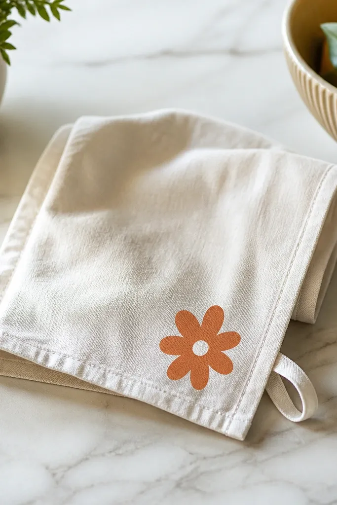 A small kitchen towel with a neatly hemmed look created by folded edge, a heat-transfer vinyl word on the corner, and a loop for hanging.