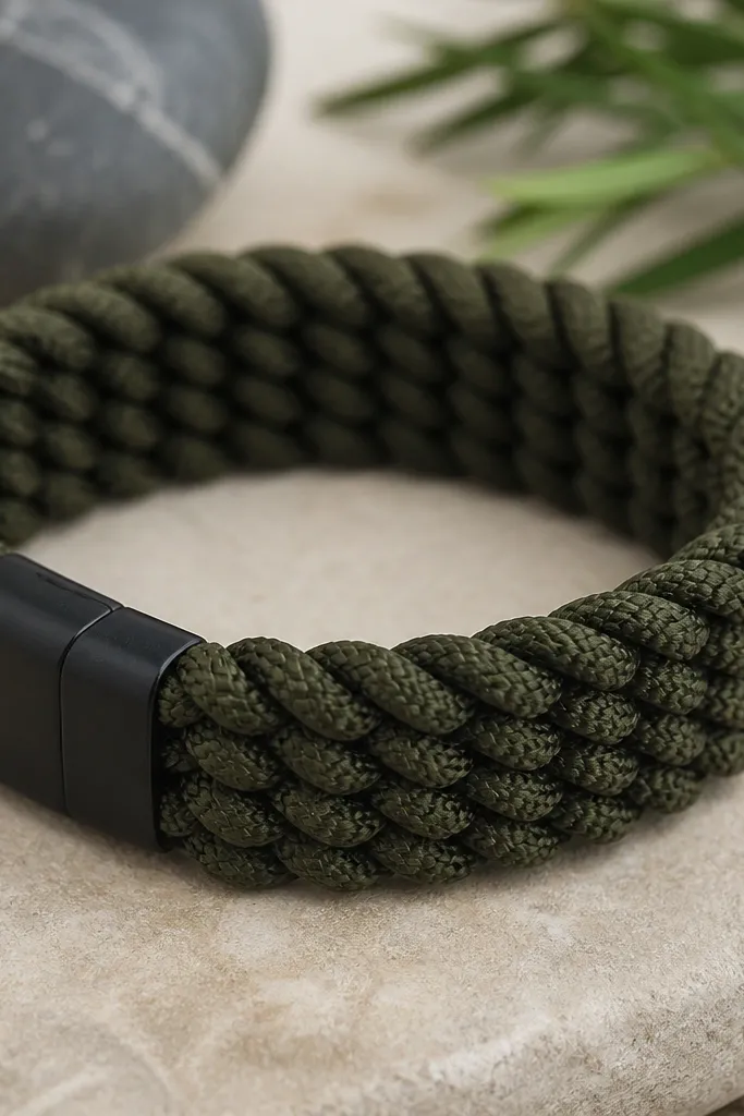 A wide paracord cuff bracelet with a tight braided pattern, a small black magnetic clasp at the side, and a matte finish.