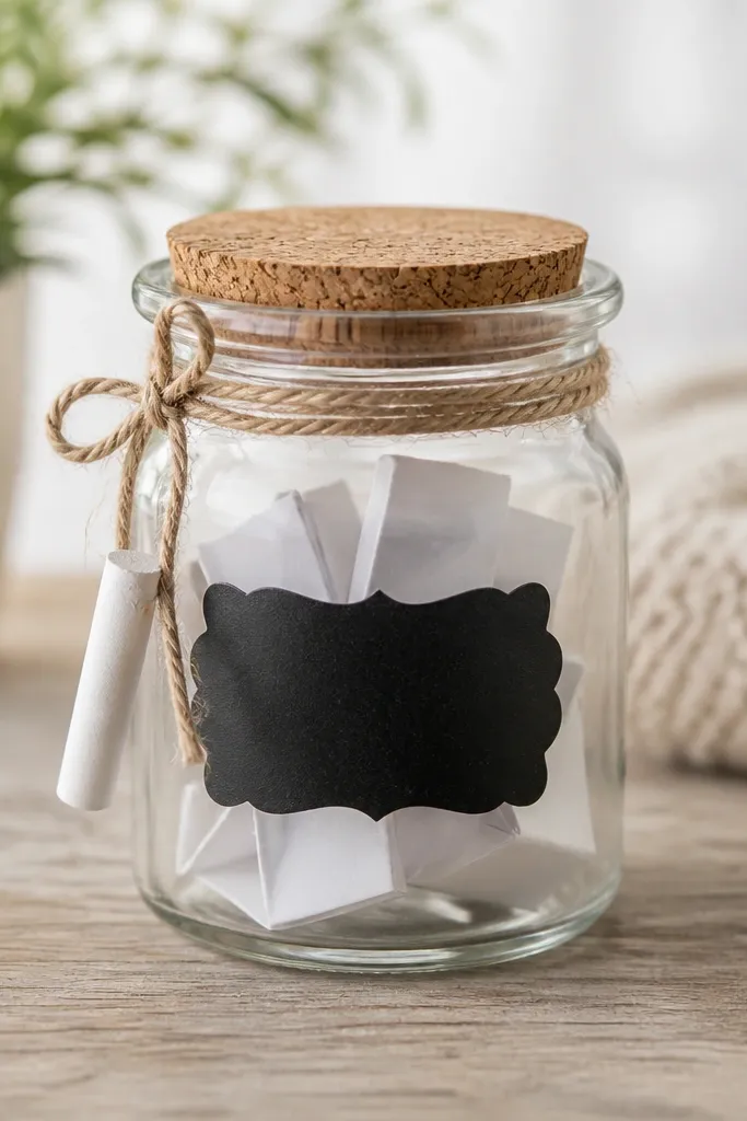A small glass jar with a chalkboard label panel, a piece of chalk attached with twine, and folded paper slips inside.