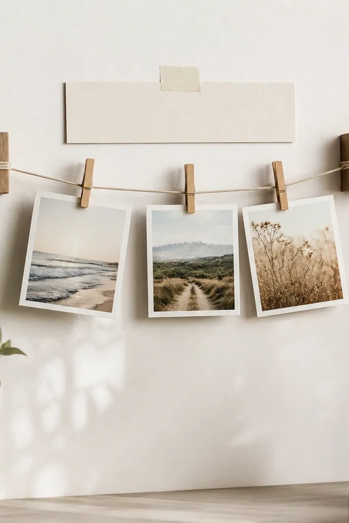 A small string line mounted between two mini wood blocks, with three clothespins holding photos, and a single typed quote strip taped at the top.