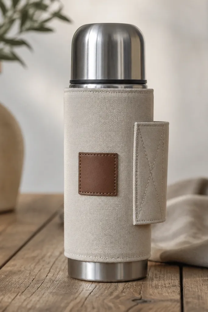 A canvas sleeve wrapped around a stainless thermos with a velcro strap, stitched edges, and a small leather patch on the front.