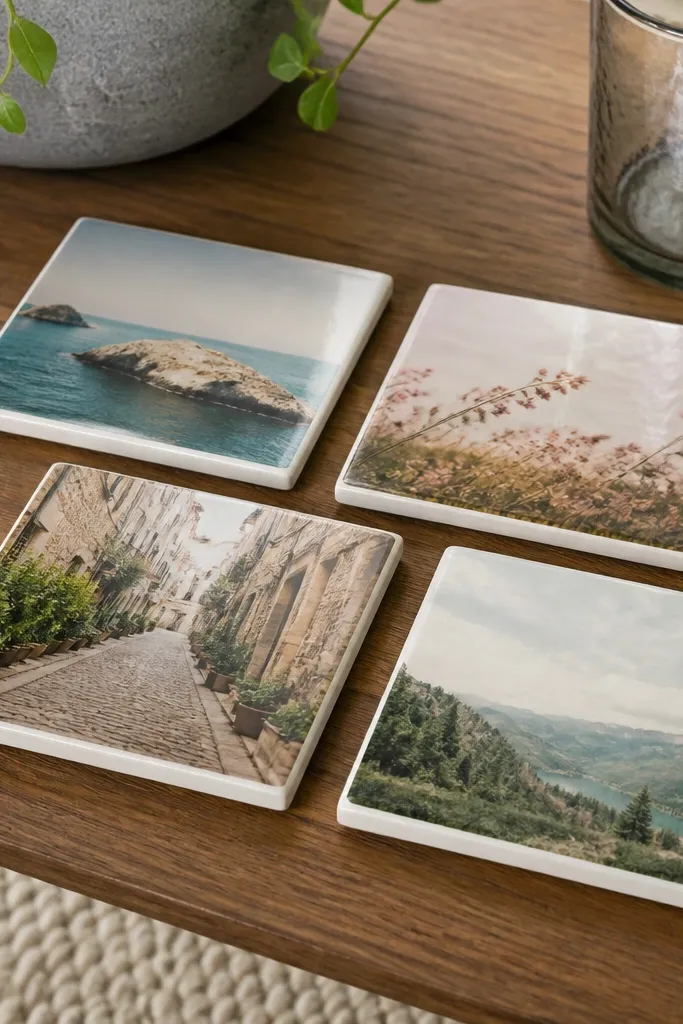 Four small square coasters made from ceramic tiles, each with a different photo transfer and a clear glossy seal, arranged on a coffee table.