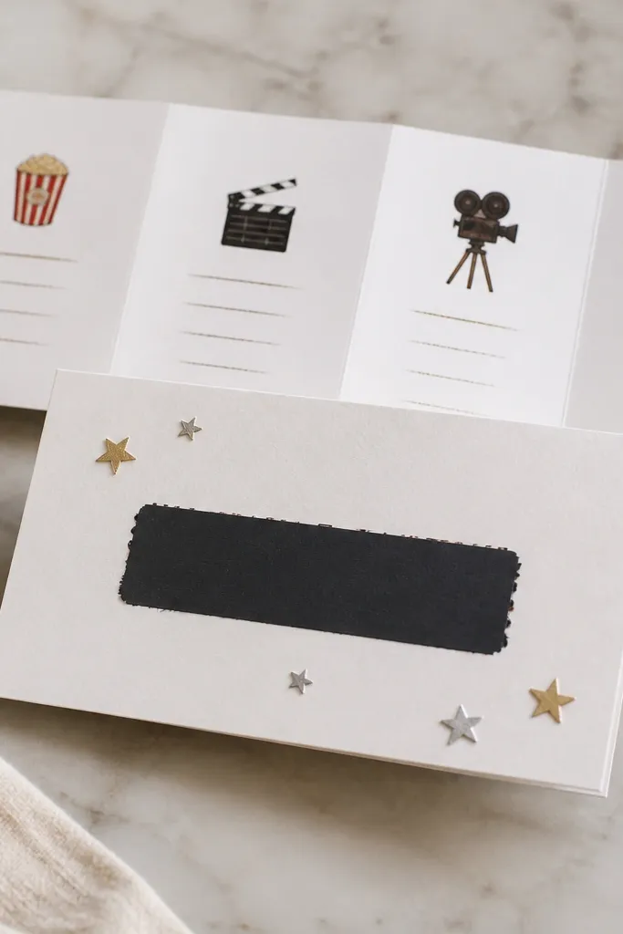 A small card with a matte black scratch-off strip over white text, plus tiny star stickers and a folded list of movie picks behind it.