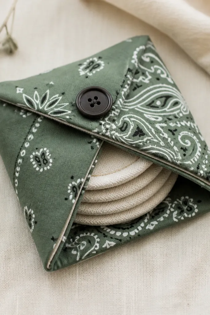 A folded bandana fabric pouch with two layers, a button closure at the top, and a small set of coasters visible inside through an opening.