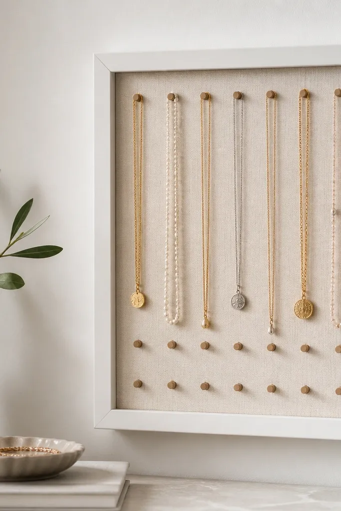 A small framed board with a grid of short wooden pegs, a string of necklaces hanging neatly, and a matte white frame.