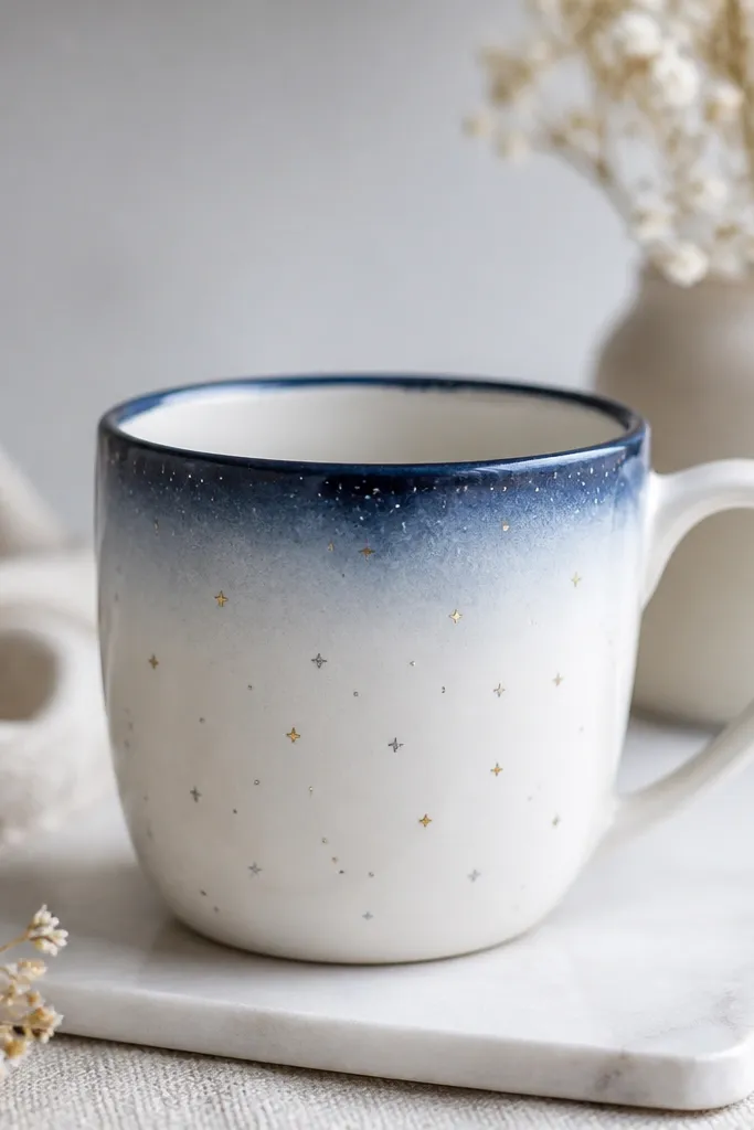 A plain white mug with a hand-painted galaxy effect: a soft gradient of dark blue on the rim and small gold and silver dot stars across the side.
