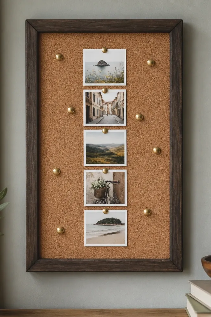 A small rectangular corkboard (about 8x10 inches) pinned with five mini photos in a vertical strip; brass thumbtacks form a loose star pattern around the images, and the board is framed with dark stained wood.