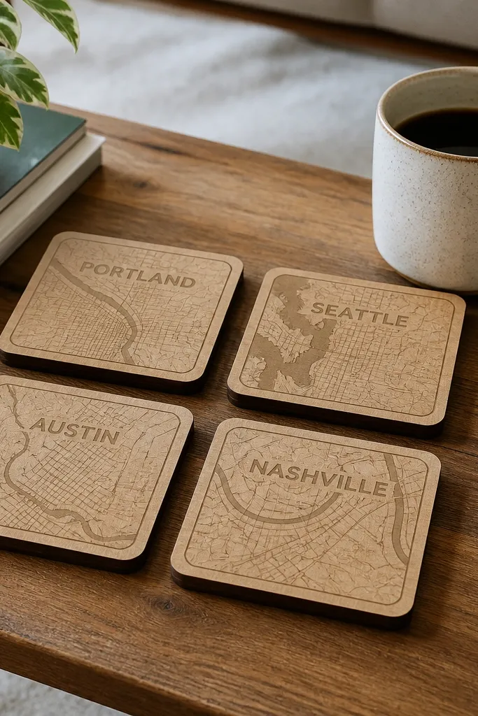 Four square coasters made from light wood with a subtle printed map pattern; each coaster has a heat-transfer city label and a thin dark border, arranged in a set on a coffee table with a mug.