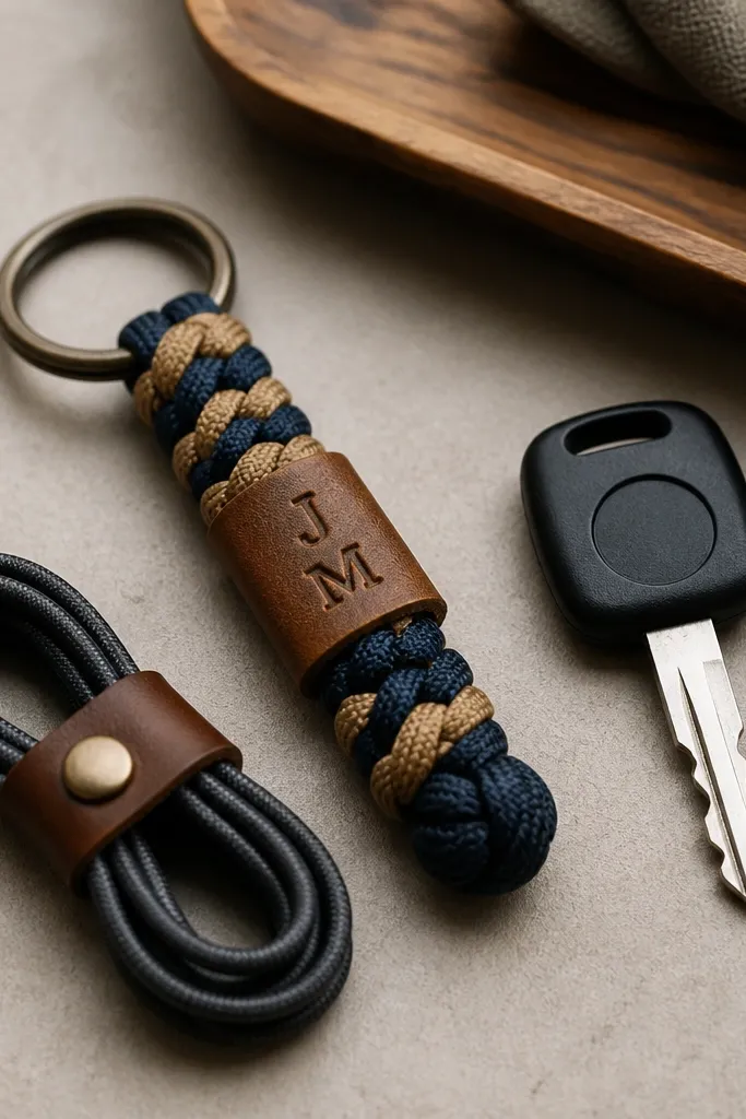 A compact keychain made from braided paracord in navy and tan with a small leather rectangle tag stamped with initials; a cable wrap loop sits beside a short car key.