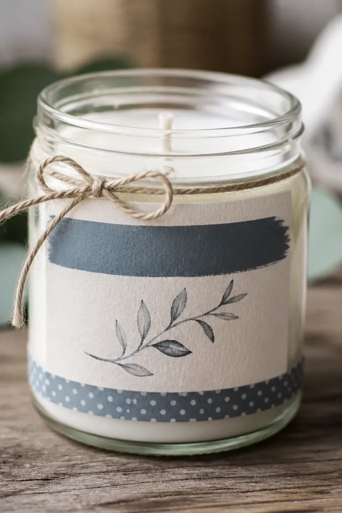 A small glass jar candle with a clean label painted on thick cardstock; the label has a bold single-color top line and a handwritten-style message, held with twine and a neat band of washi tape.