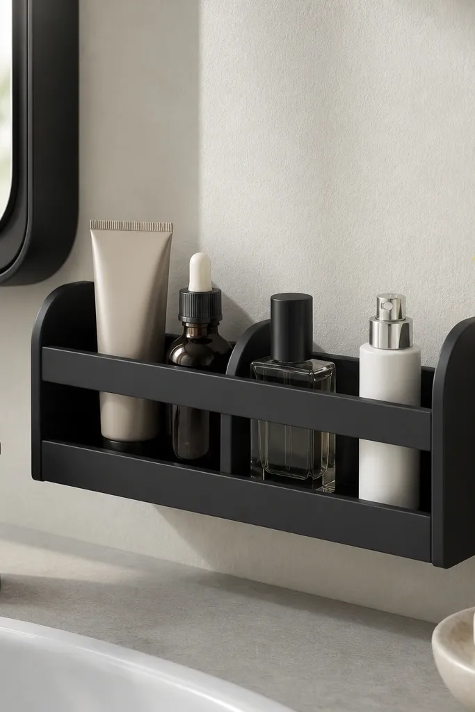 A small spice-rack style organizer mounted or placed on a bathroom counter; it's repainted matte black with three compartments holding skincare and a travel-sized cologne bottle.