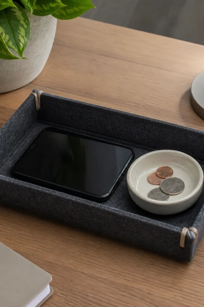 A rectangular felt tray (about 10x6 inches) in charcoal grey with light cream stitched corners; it sits on a desk holding a phone and a small coin dish.